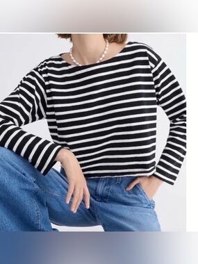 J. Crew Women's Cropped Fit Striped Boat Neck Top Black White Stripe Size Large